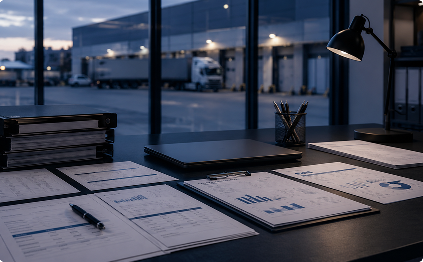 Mesa de trabajo con documentos operativos